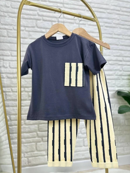 Cg Kids Antrasit Krem Çizgili Erkek Çocuk Alt Üst Takım ürün görseli 1