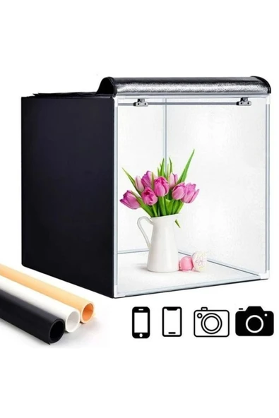 60x60x60 Ürün Fotoğraf Çekim Kabini Seti - LED Işıklı, Fonlu, Taşınabilir Stüdyo Çadır ürün görseli 1