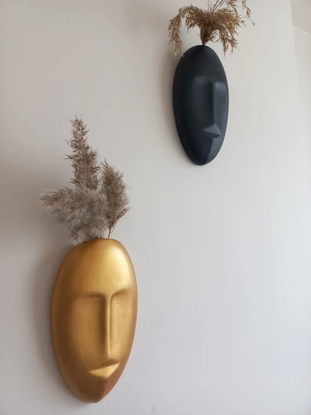 Dekoratif 2'li Yüz Duvar Vazosu, Duvar Süsü, Heykel Aksesuar Siyah Gold Maske ürün görseli 1