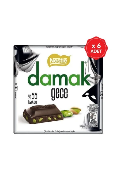 Nestlé Damak Gece %55 Kakao Antep Fıstıklı Bitter Çikolata 60g x 6 adet ürün görseli 1
