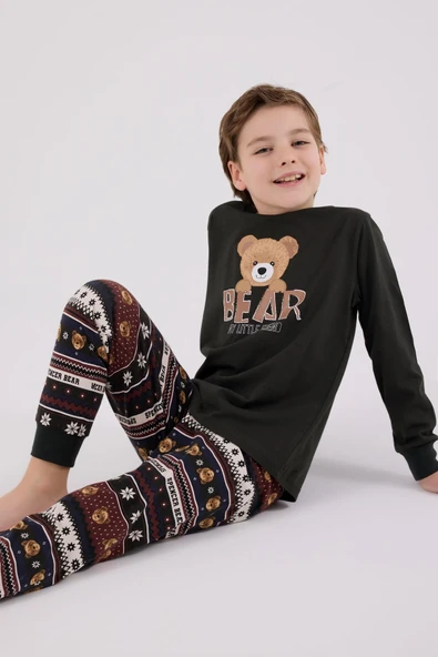Arnetta Erkek Çocuk Aile Bear My Little Friend %100 Pamuklu 4 Mevsim Uzun Kollu Pijama Takım ürün görseli 1