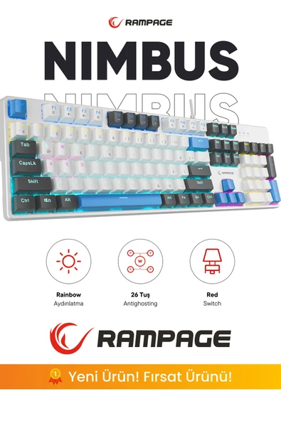 Rampage Nimbus Beyaz USB Rainbow Türkçe Red Switch 26 Tuş Anti-Ghosting Mekanik Klavye Oyuncu Klavyesi ürün görseli 1