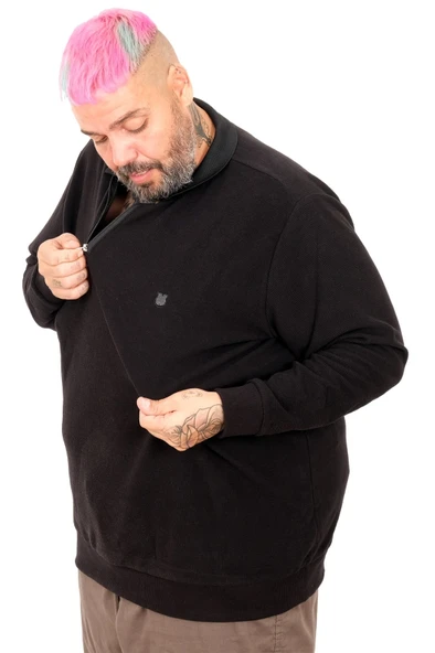 Büyük Beden Erkek Sweat Polo Yaka Waffle Selanik Siyah 25822 ürün görseli 1