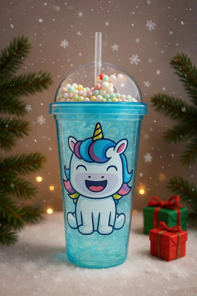 Renkli Boncuklu Unicorn Tasarımlı Pipetli İçecek Bardağı Çocuklar İçin Sevimli Suluk Mavi 2646 ürün görseli 1