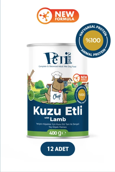 Petipure Kuzu Etli Yaş Konserve Yetişkin Köpek Maması, Jöle İçinde Parça Etli, 400 gr x 12 Adet ürün görseli 1