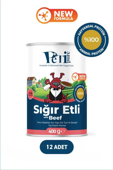 Petipure Sığır Etli Yaş Konserve Yavru Köpek Maması, Jöle İçinde Parça Etli, 400 gr x 12 Adet ürün görseli 1