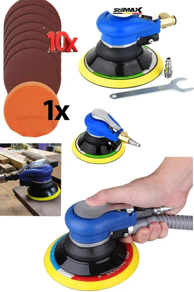 stilmax Oto Kavisli Havalı Orbital Ağaç Metal Yüzey Polisaj Makinesi – 150MM, x10 Zımpara 1x Ped ürün görseli 1
