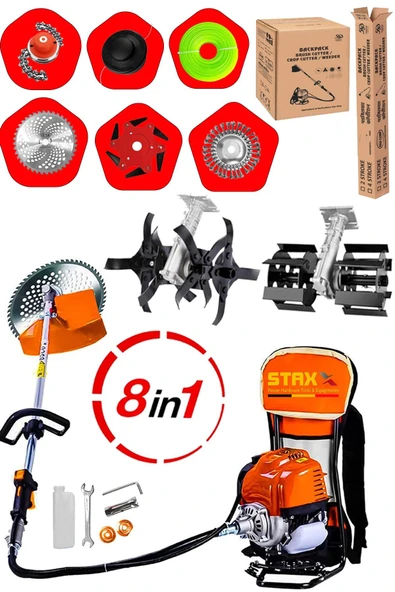 STAXX POWER 8IN1 Benzinli 20HPX Çim Çayır Ot Biçme Bahçe Bakımı Sırt Tipi Tırpan + 8'li Süper Set Çapa Başlığı ürün görseli 1