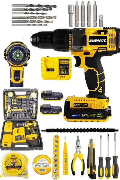 stilmax 58v 8ah Çift Torq Lion Batarya Metal Şanzıman Turbo Şarjlı Darbeli Matkap + Full Tamir Set Garanti ürün görseli 1