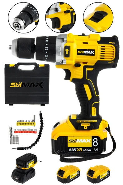 stilmax 58 V 8 Ah Metal Şanzuman Çift Samsung Akülü Darbeli Şarjlı Matkap Vidalama Seti + 27 Parça Set ürün görseli 1
