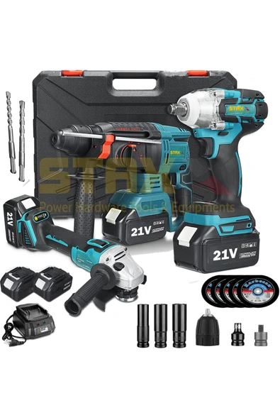 STAXX POWER American Lion Çift Akülü 21v 3ah 3'lü Mega Set Kırıcı Delici + Somun Sıkma + Taşlama Makinesi 125mm ürün görseli 1