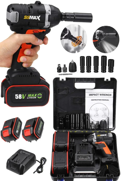 stilmax Germany Kömürsüz Çift Vuruşlu 58v 10a Çift Akülü Darbeli Somun Sökme Bijon Matkap Seti 520nm ürün görseli 1