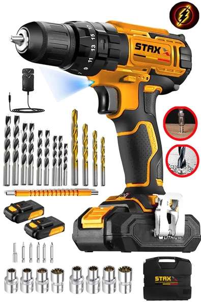 STAXX POWER Germany 21500W 25Tork Çelik Şanzuman Bakır Sargılı Çift Akülü Şarjlı Matkap Vidalama 27 Parça Setli ürün görseli 1