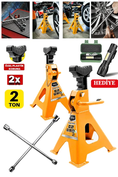 stilmax Germany 2Ton Kapasiteli 4 Ayaklı Kriko Standı 2x Çift Kriko Sehpası Araç Kriko + 4'lü Bijon El Fener ürün görseli 1