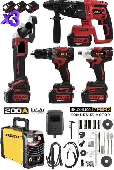 DEKO TURKEY 200A İnvertör Kaynak Makinesi + Muhteşem 4'lü Usta Seti Matkap Kırıcı Delici Somun Sıkma Taşlama ürün görseli 1