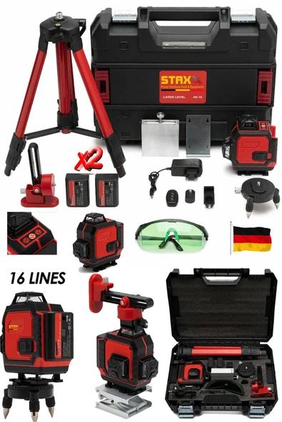 STAXX POWER x2 Akülü Uzaktan Kumandalı Hassas 16 Köşe Yeşil Çizgi Lazer Hizalama RED926 Tripot Çantalı Set ürün görseli 1