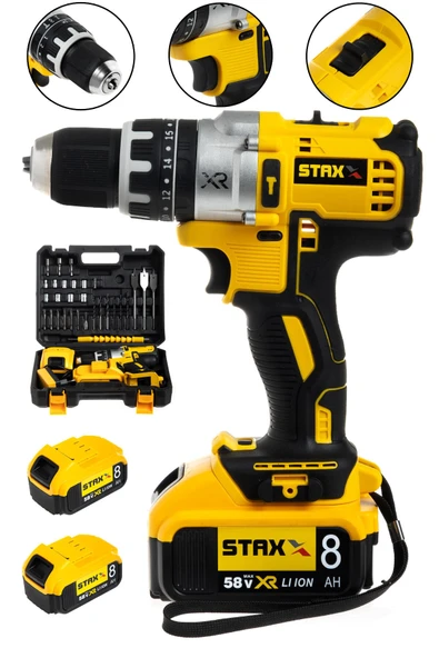 STAXX POWER 58 V 8 Ah Çift Metal Şanzuman Çift Samsung Akülü Darbeli Şarjlı Matkap Vidalama + 30 Parça Set ürün görseli 1