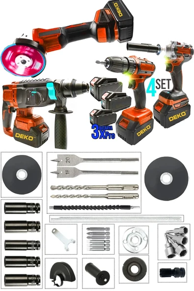 DEKO TURKEY RedPro 4IN1 Akülü 4'lü Set – Taşlama + Hilti + Matkap + Somun Sıkma (3.0Ah x3 Akülü 10 Pilli) ürün görseli 1