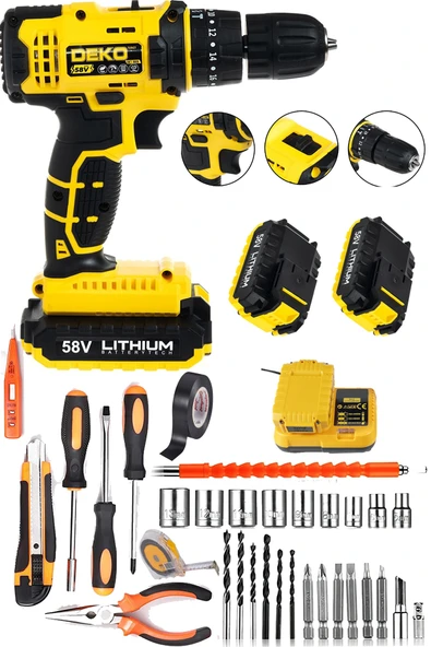 DEKO TURKEY Germany Hybrid Motor 58v Panasonic Çift Akü Darbeli Şarjlı Matkap Seti + 30 Parça Usta Seti ürün görseli 1