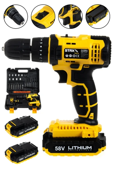 STAXX POWER Samsung Çift Batarya Metal Dişli Darbeli Şarjlı Matkap Vidalama Set 58 V 8 Ah 24 Parça Usta Seti ürün görseli 1