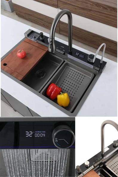 DEKO TURKEY MIA 304 Paslanmaz Çelik Çok Fonksiyonlu Akıllı Dijital Ekran Mutfak Lavabosu  Şelale Evye Full Set ürün görseli 1