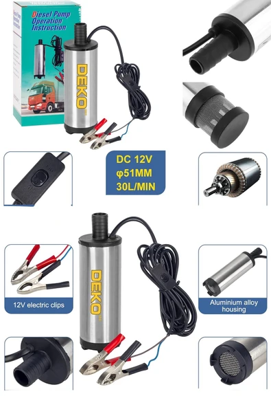 DEKO TURKEY Paslanmaz Gövdeli Profesyonel Bakır Sargılı 12V Mini Mazot Sıvı Yağ Yakıt Aktarma  Pompası  51mm ürün görseli 1