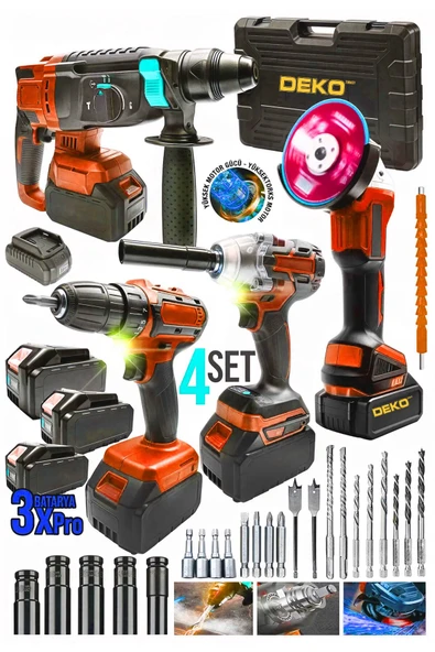 DEKO TURKEY 4'lü Set 21v 3.0ah Şarjlı Taşlama- Şarjlı Hilti-10mm Darbeli Şarjlı Matkap-şarjlı Somun Sıkma ürün görseli 1