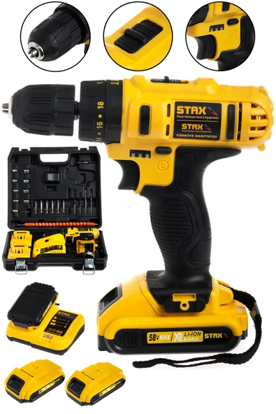 STAXX POWER 58v 8ah Şarjlı Matkap Vidalama Metal Dişli Çift Şanzımanlı Çift Akülü Şarjlı Matkap + 24 Parça Set ürün görseli 1