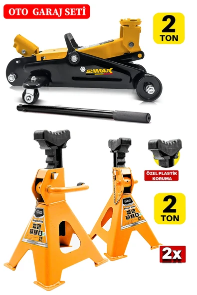 stilmax 2Ton/2000Kg Kapasite Tekerlekli Arabalı Hidrolik Kriko + 2Ton x2Adet Taşıma Sehpa Tip Kriko Standı ürün görseli 1