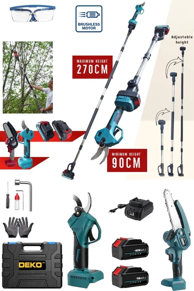 DEKO TURKEY 2400VLİON BLUE 2'li Set Arada x2 Çift Akülü Teleskopik Dal Budama Bağ Makası Seti  2.70Mt ürün görseli 1