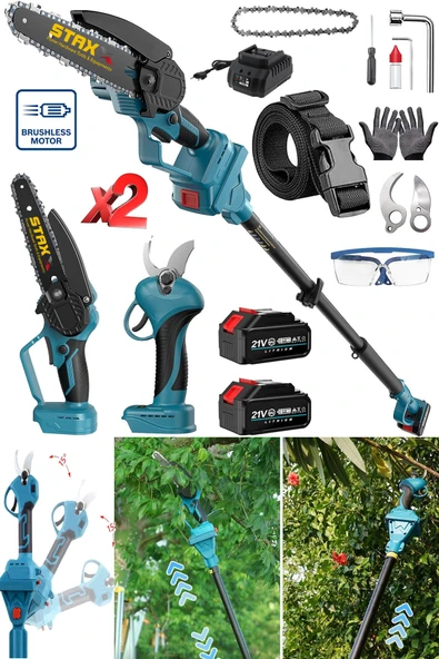 STAXX POWER Blue Kömürsüz Motor 2100Vlion x2Çift Akülü 2,70Mt Teleskopik Yüksek Dal Budama ve Bağ Makası 2li Set ürün görseli 1
