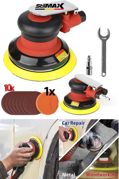 stilmax Kavisli Yörüngeli  Havalı Orbital Avuç İçi Zımpara Polisaj Cilalama Makinesi x10 Zımpara x1 Ped ürün görseli 1