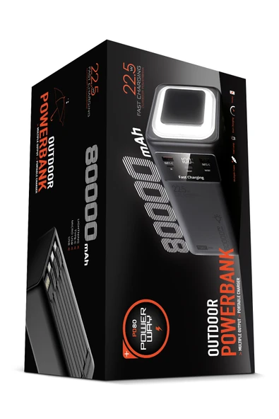 Powerway PD80 Kamp Powerbank | Gerçek 80.000 mAh | PD 22.5W Hızlı Şarj | LED Fenerli ve Dahili Kablolu ürün görseli 1