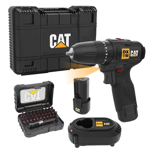 CAT DX1160 12Volt/2.0Ah Li-ion Çift Akülü Kömürsüz Profesyonel Şarjlı Darbeli Matkap + DA01901 32 Parça Aksesuar Seti ürün görseli 1
