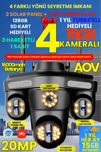 4 Kameraları 4G - eSim Solar Panelli, Her ay 15GB Turkcell 1 Yıl Hediyeli, 7/24 Kayıt Aov, Hareket AlgılamA, 128Gb Sd Kart Hediye, Alarm, ürün görseli 1