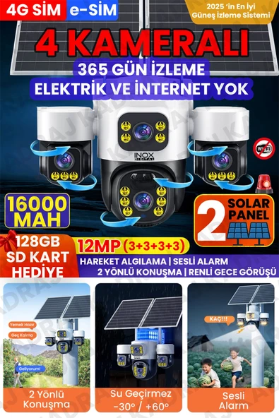 4 Kameralı INOX modeli , 4G + e-Sim, 2 Solar Panelli, Uzaktan izleme , Hareket Takip , Alarm , Sesli Konuşma, 16000 Mah Batarya ürün görseli 1