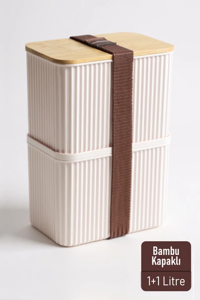 İronika 1+1 2 Litre Bambu Kapaklı Erzak Gıda Bakliyat Saklama Kabı Mutfak Organizeri ürün görseli 1