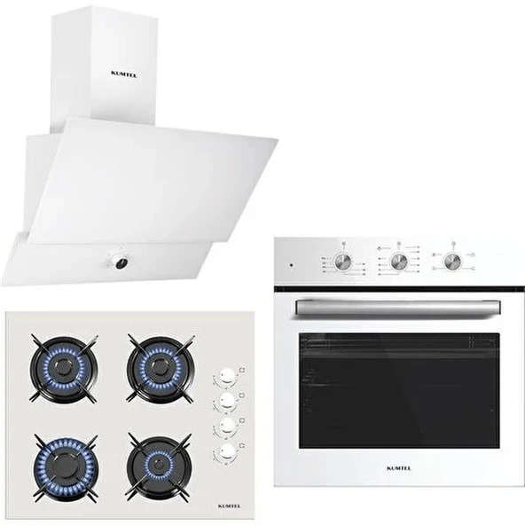 Kumtel Turbo Kristal Beyaz Cam Ankastre Set (DA6-830 Davlumbaz + Ko-40 Tahdf Ocak + B66-SF2 Fırın) ürün görseli 1