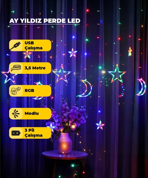 Ay Yıldız Dekoratif RGB (Çok Renkli)  Led USB & Pilli - 3,5 Metre - Animasyonlu ürün görseli 1