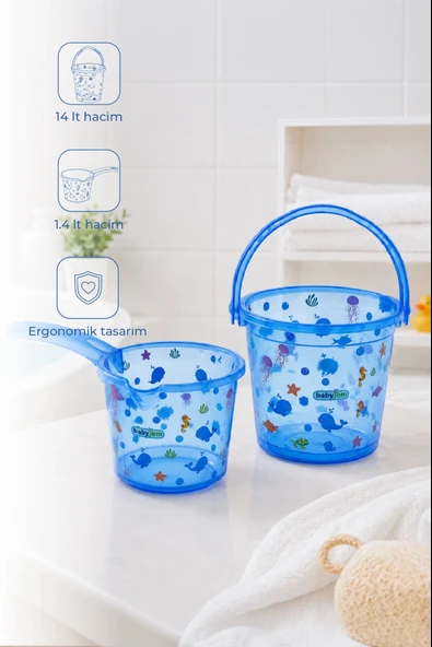 Babyjem Şeffaf Kova & Maşrapa Set Mavi Desenli ürün görseli 1