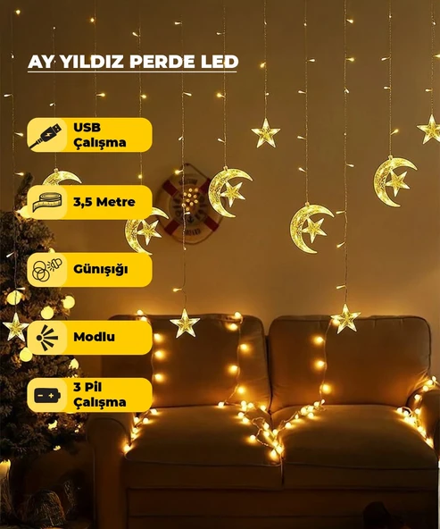 Ay Yıldız Dekoratif Günışığı  Led USB & Pilli - 3,5 Metre - Animasyonlu ürün görseli 1
