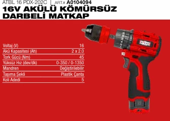 ATTLAS ATBL 16 PDX-202C 16V MANDREN ÇIKMA ÖZELLİKLİ AKÜLÜ KÖMÜRSÜZ DARBELİ MATKAP ürün görseli 1