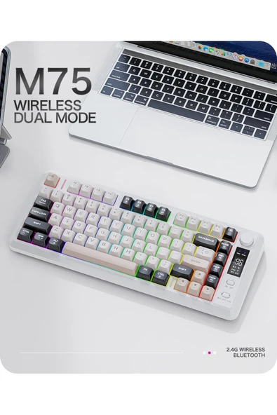 FreeWolf M75 kablosuz 2.4ghz kablosuz + bt çift Modlu klavye Led Ekranlı oyun klavyesi ile PBT Knob Rainbow ürün görseli 1
