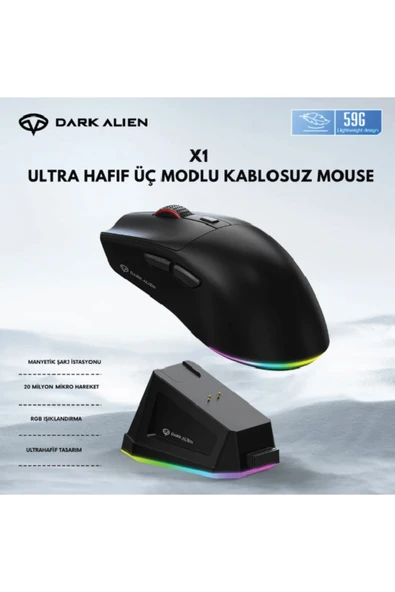 silabor Dark Alien X1 Light Tri Mode Wired Wireless Gaming Mouse PAW3311 59 Gram Şarj İstasyonu ürün görseli 1