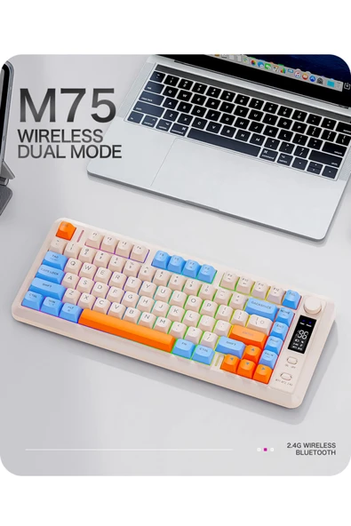 FreeWolf M75 kablosuz 2.4ghz kablosuz + bt çift Modlu klavye Led Ekranlı oyun klavyesi ile PBT Knob Rainbow ürün görseli 1