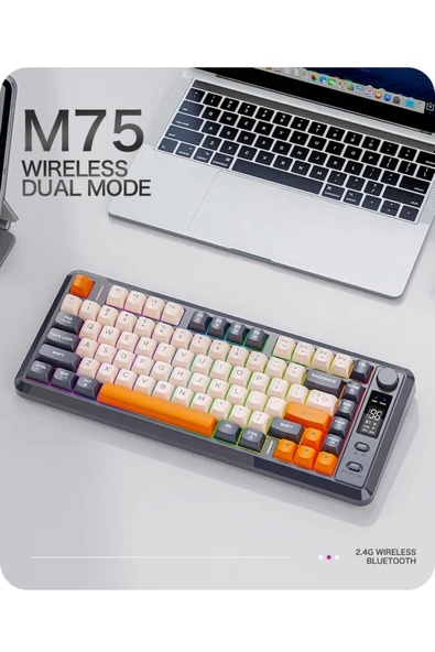 FreeWolf M75 kablosuz 2.4ghz kablosuz + bt çift Modlu klavye Led Ekranlı oyun klavyesi ile PBT Knob Rainbow ürün görseli 1