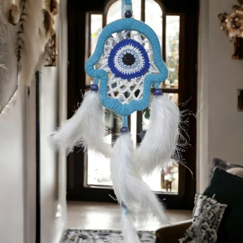 Nazar Boncuğu Motifli Turkuaz Fatma Ana Eli Duvar Süsü El İşçiliği Duvar Dekoru ürün görseli 1