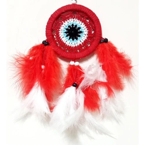 Kırmızı Ve Beyaz Kuş Tüylü Dream Catcher El Yapımı Mini Duvar Süsü ürün görseli 1