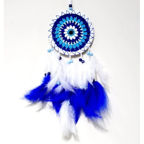 Nazar Boncuğu Desenli Bol Kuş Tüylü Beyaz Renk Dream Catcher El Yapımı Duvar Dekoru ürün görseli 1