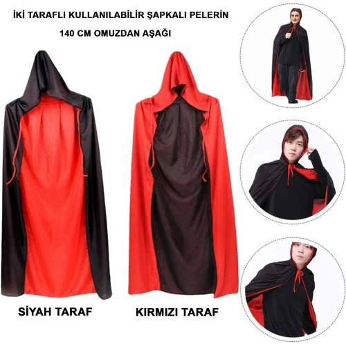 Siyah Kırmızı Çift Taraflı Kapişonlu Pelerin ürün görseli 1